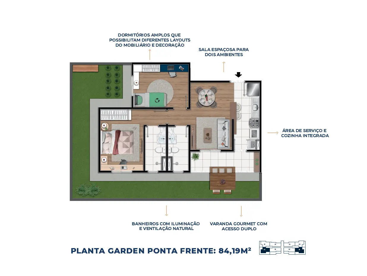 Planta Garden Ponta Frente: 84,19m²