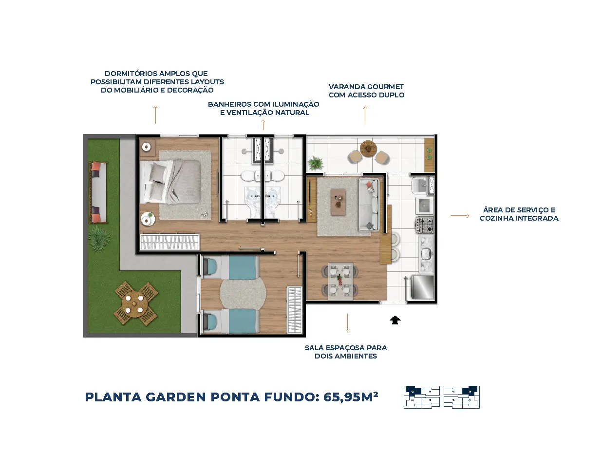 Planta Garden Ponta Fundo: 65,95m²