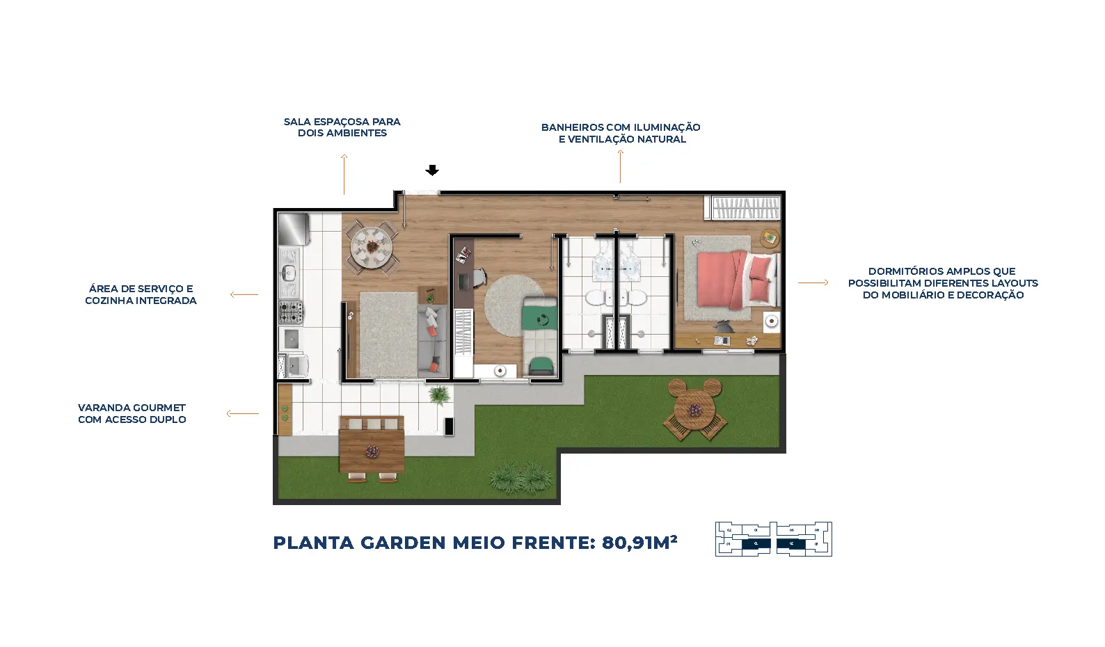 Planta Garden Meio Frente: 80,91m²