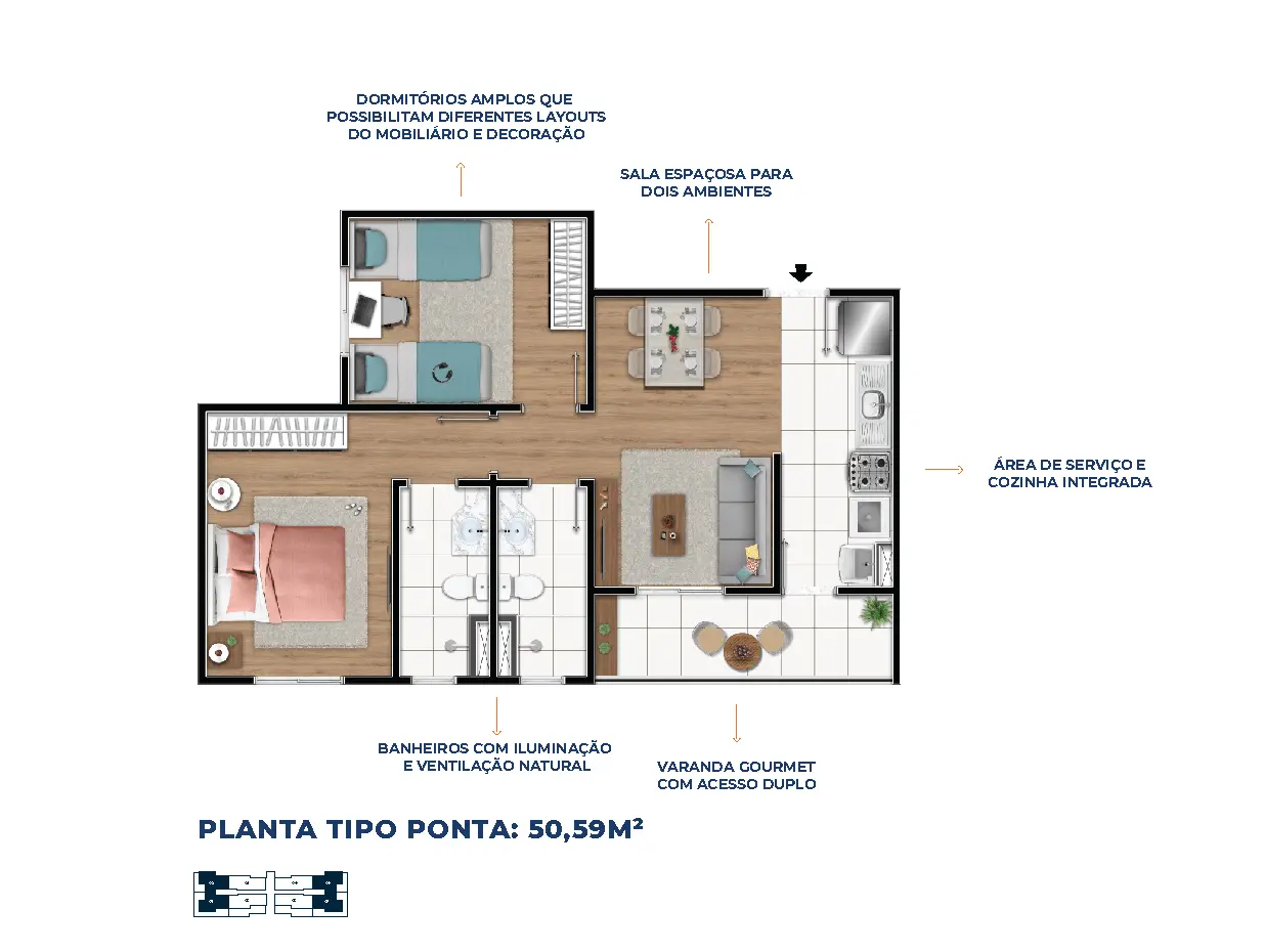 Planta Tipo Ponta: 50,59m²