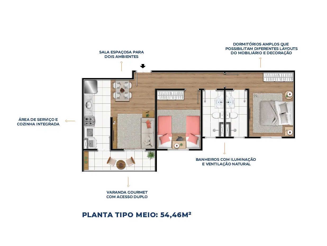 Planta Tipo Meio: 54,46m²