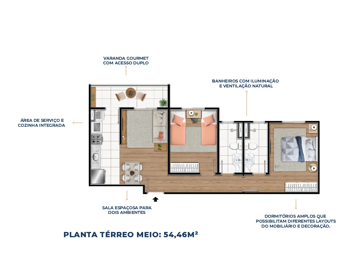 Planta Tipo Térreo Meio: 54,46m²